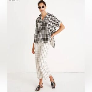Madewell Black and White Check Boxy V-Neck Blouse With Button Back